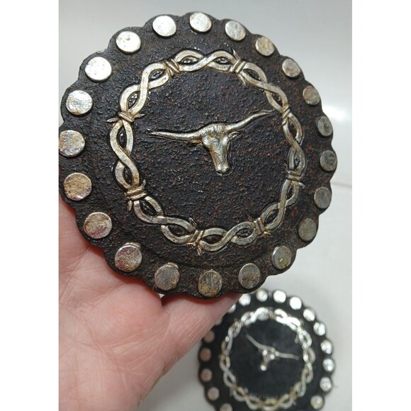 Western Set of 4 Coasters Longhorn Barbed Wire Belt Look Holder Leather Look - Picture 4 of 11